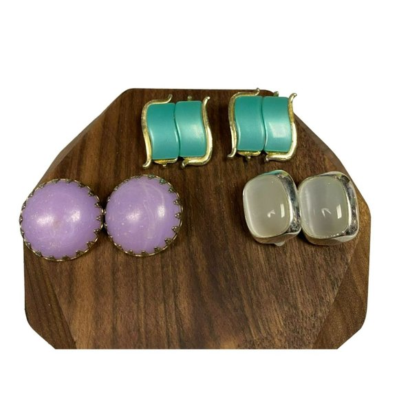 3 pair Vintage Purple, White, and Blue Enamel MCM Clip on Earrings - Picture 1 of 5